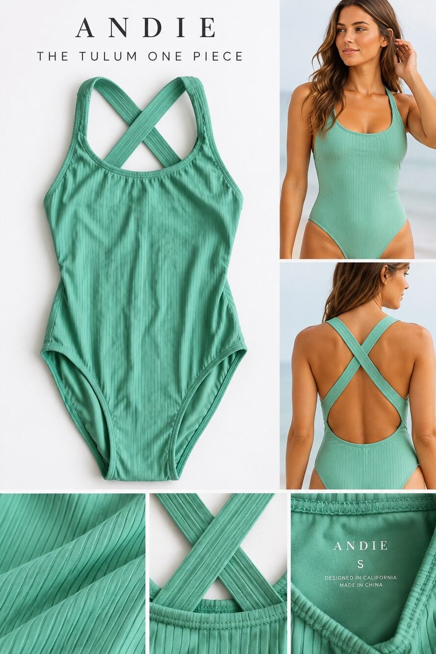 Andie The Tulum Ribbed Crossback One Piece Swimsuit – Aqua/Mint NWOT SMALL